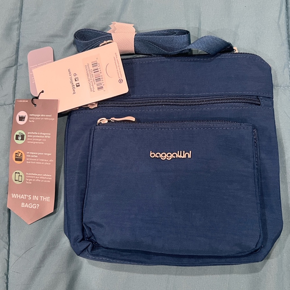 Baggallini Blue Crossbody Bag with Durable Fabric and Gold-Tone Accents